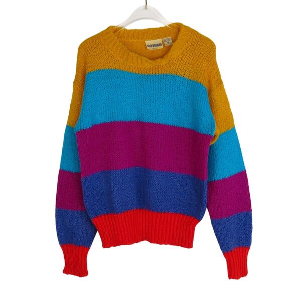 Vintage Sweaters - 1950s GOTHAM Vintage Multicolor Rainbow Striped Knit Crewneck Sweater Medium